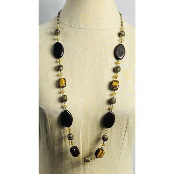 Boho Jewelry - Avon Long Tigers Eye Acrylic Bead Statement Necklace Boho 36”